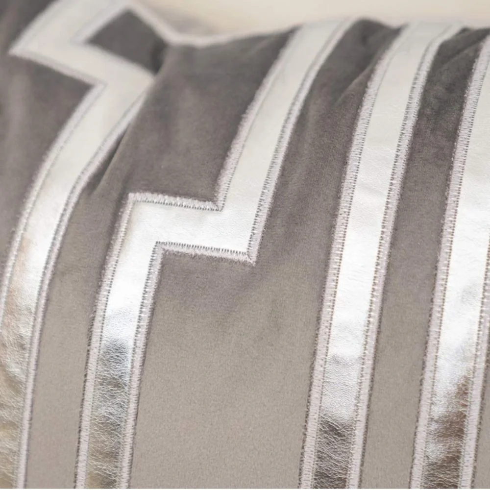 Luxury Home | Elegant Grey Soft Velvet Faux Leather Applique Throw Pillow Cover